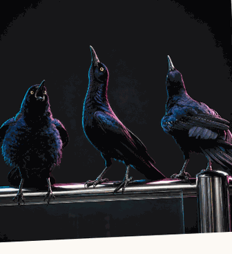 Three grackles on a rail, all sounding the same